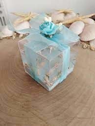 10 Adet Etiketli Kapaklı  Kare Mika Kutuda  Deniz Temalı Jel Mum  Hediyelik Mum KREM