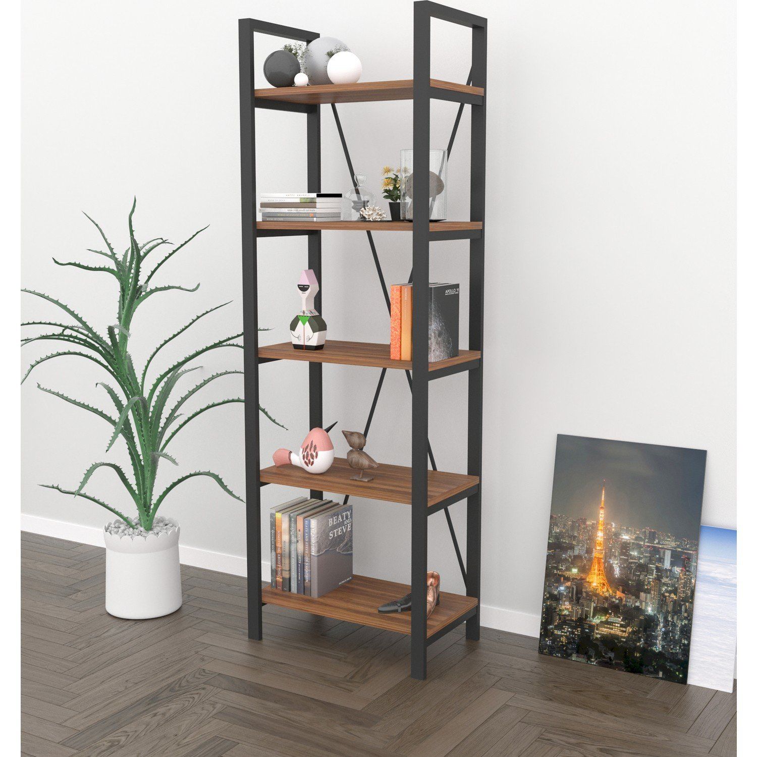 Bahar 5 Raflı Metal Kitaplık Ceviz