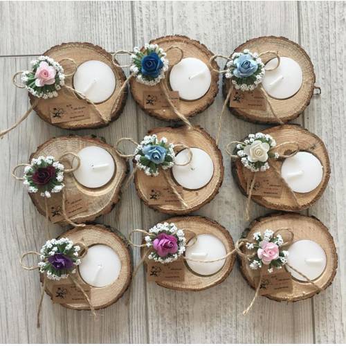 100 Adet Woodbackproduct çiçekli etiketli  Ağaç Kütük Mumluk