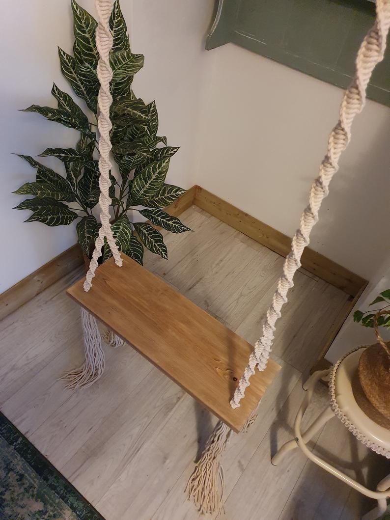 Makrome İpli Burgulu Ahşap Doğal Bahçe Salıncağı Uzunluğu 2.50 cm