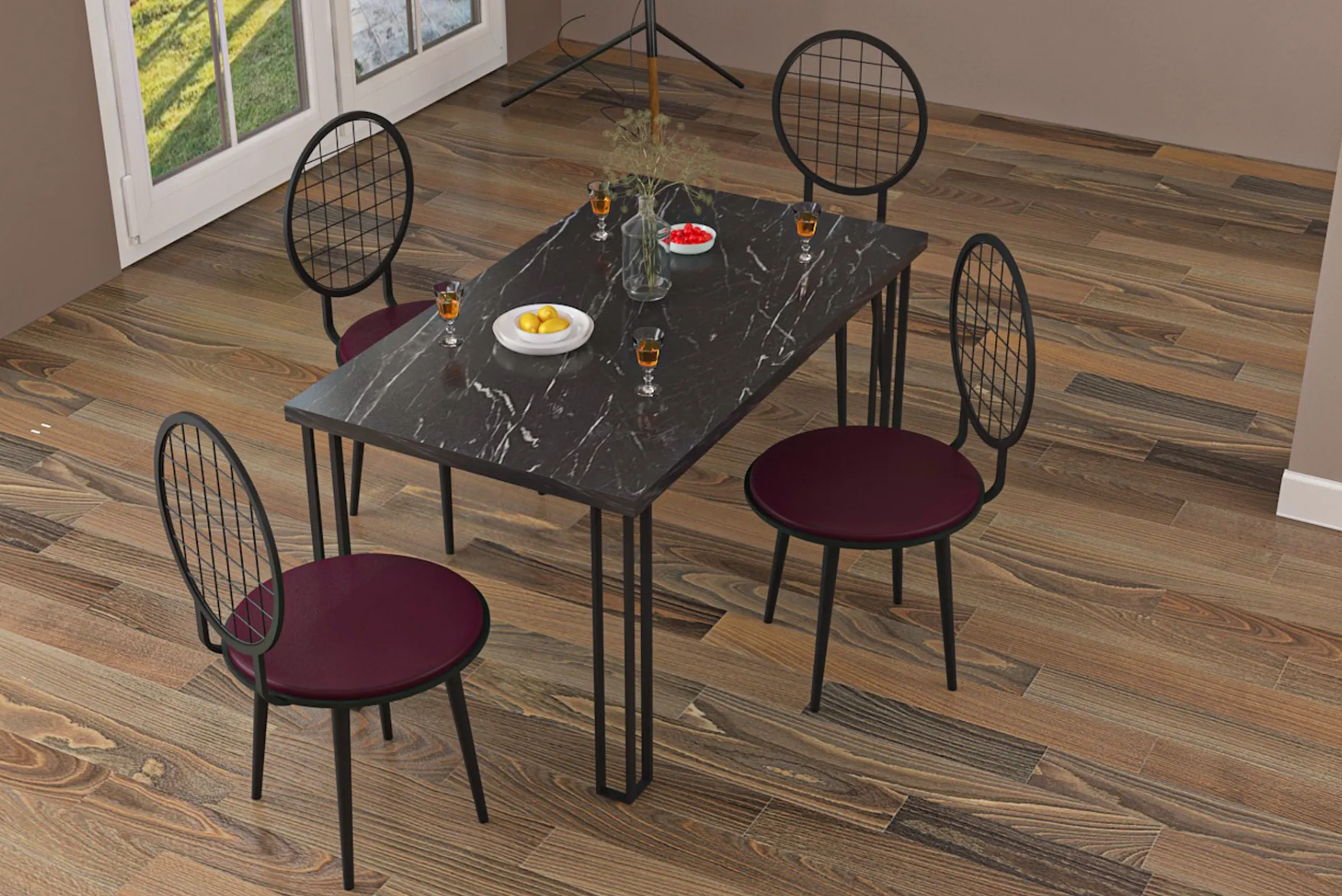 Özüm Masa Ve Sandalye Takımı Mermer Bordo 120X80