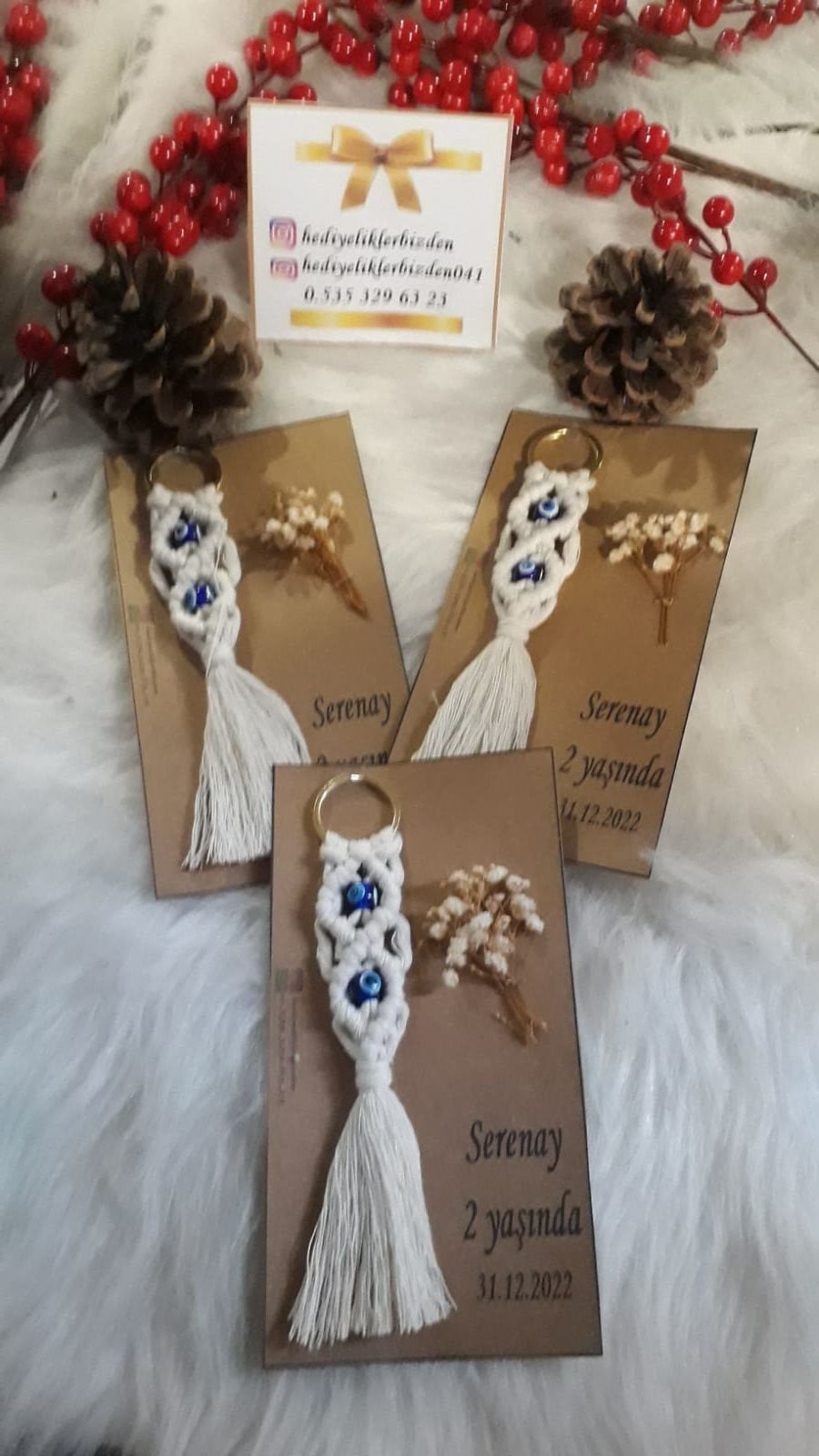 10 Adet Nazar Boncuklu  Klipsi Makrome  Yaprak  Model Jelatin Poşette Anahtarlık