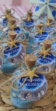 Etiketli Deniz Yıldızlı 50 cc Mantar Kapaklı Çiçekli Cam Şişe Jel Mum