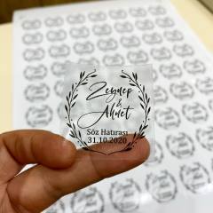 50 Adet Yapışkanlı  2.5 cm Kişiye Özel Şeffaf Kare Sticker (Etiket) Söz Nişan Düğün Kına Hediyelik Ürünler İçin Etiket