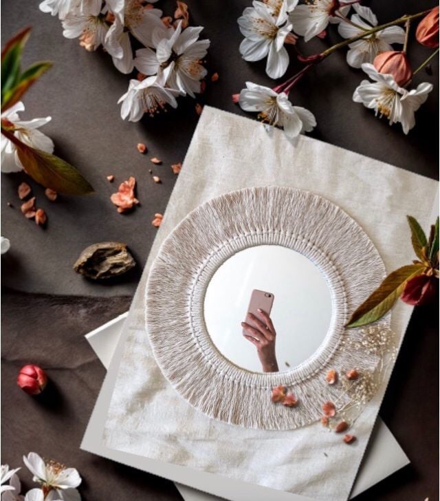 Hediyeliklerbizden  Yeni Yıl Hediyesi  Makrome Ayna 1 Adet Çerçeve İçi 30 cm  Boho Aynası, Konsol Aynası Yumuşak Saçaklı Makrome Ayna