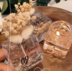 Hediyelik  Etiketli Cam Şişede Kahve Çekirdeği Jel Mum Nişan Kına Nikah Şekeri