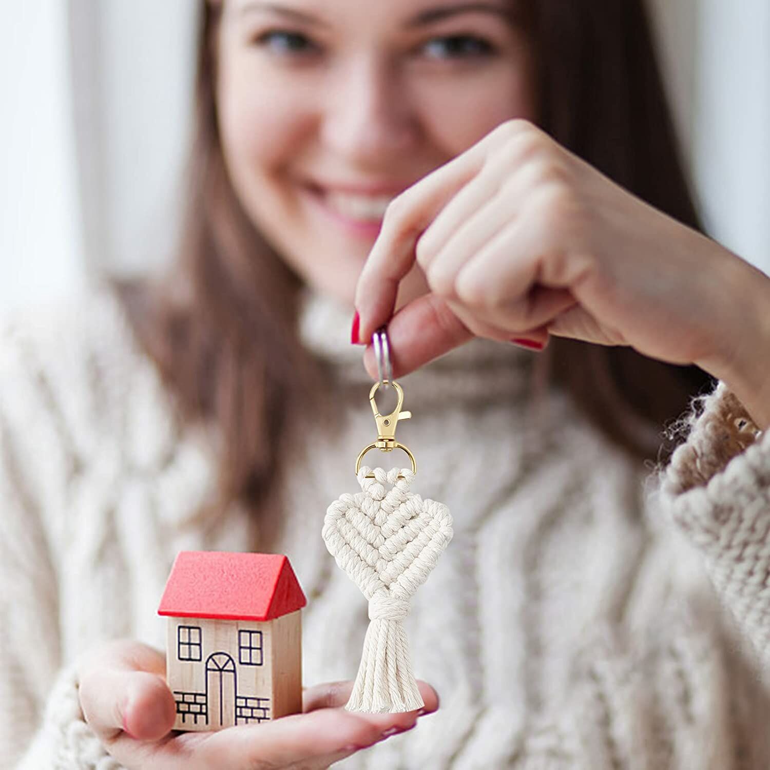 10 Adet Kare etiketli Jelatin Poşette Makrome Anahtarlık Kalp Model