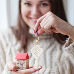 10 Adet Kare etiketli Jelatin Poşette Makrome Anahtarlık Kalp Model