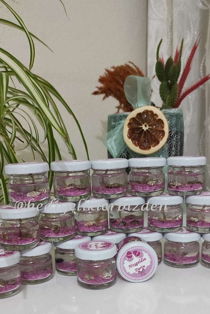 10 Adet 28 cc  Cam Şişede Mantar Kapaklı Deniz Kabuklu Jel Mum Beyaz