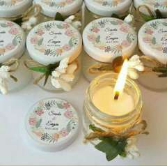 20 Adet 28 cc  Cam Şişede Mantar Kapaklı Deniz Kabuklu Jel Mum Beyaz