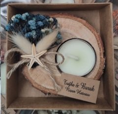 10 Adet Kutulu Deniz Yıldızlı Woodbackproduct çiçekli etiketli  Ağaç Kütük Mumluk KREM