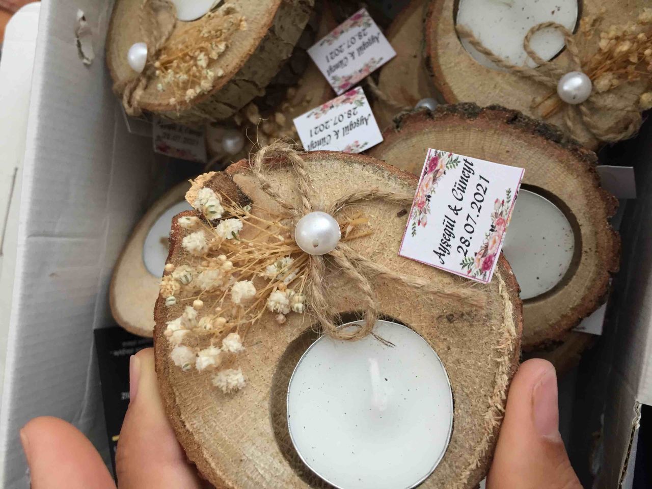 10 Adet İncili Ağaç Kütük Mumluk  Mumluk, Nikah şekeri KREM