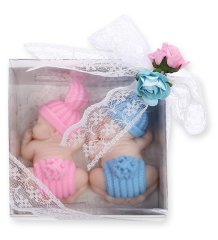 50 Adet İkiz Bebekli Dantelli  Kutulu Yatakta Uyuyan Bebek Kokulu Taş Mavi